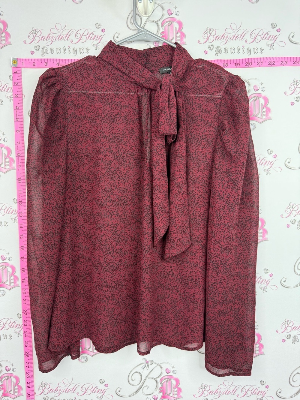 Dynamite blouse red Rose-Pink Sheer Tie-Neck Blouse speckle dots animal print